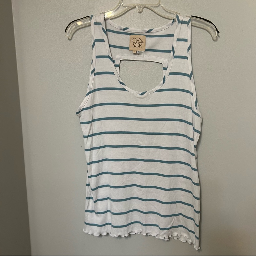 Women's Chaser Tank Top Size L White Green Striped Casual Keyhole cut out Back